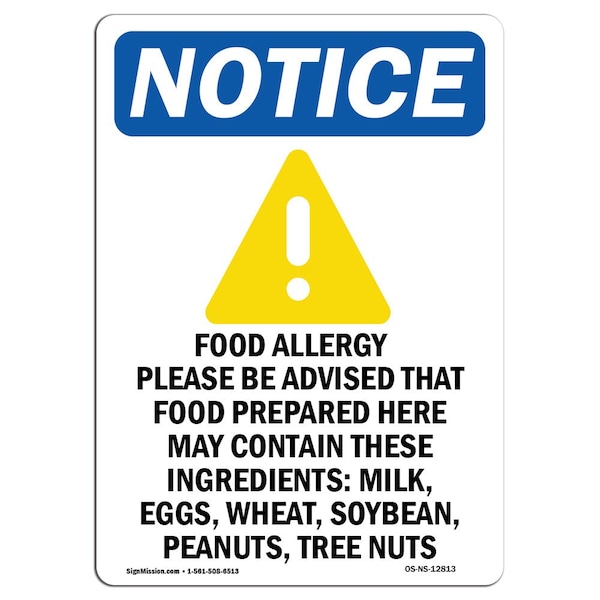 Signmission OSHA Notice, 7" Height, Food Allergy Notice Sign With Symbol, 7" X 5", Portrait OS-NS-D-57-V-12813 - main